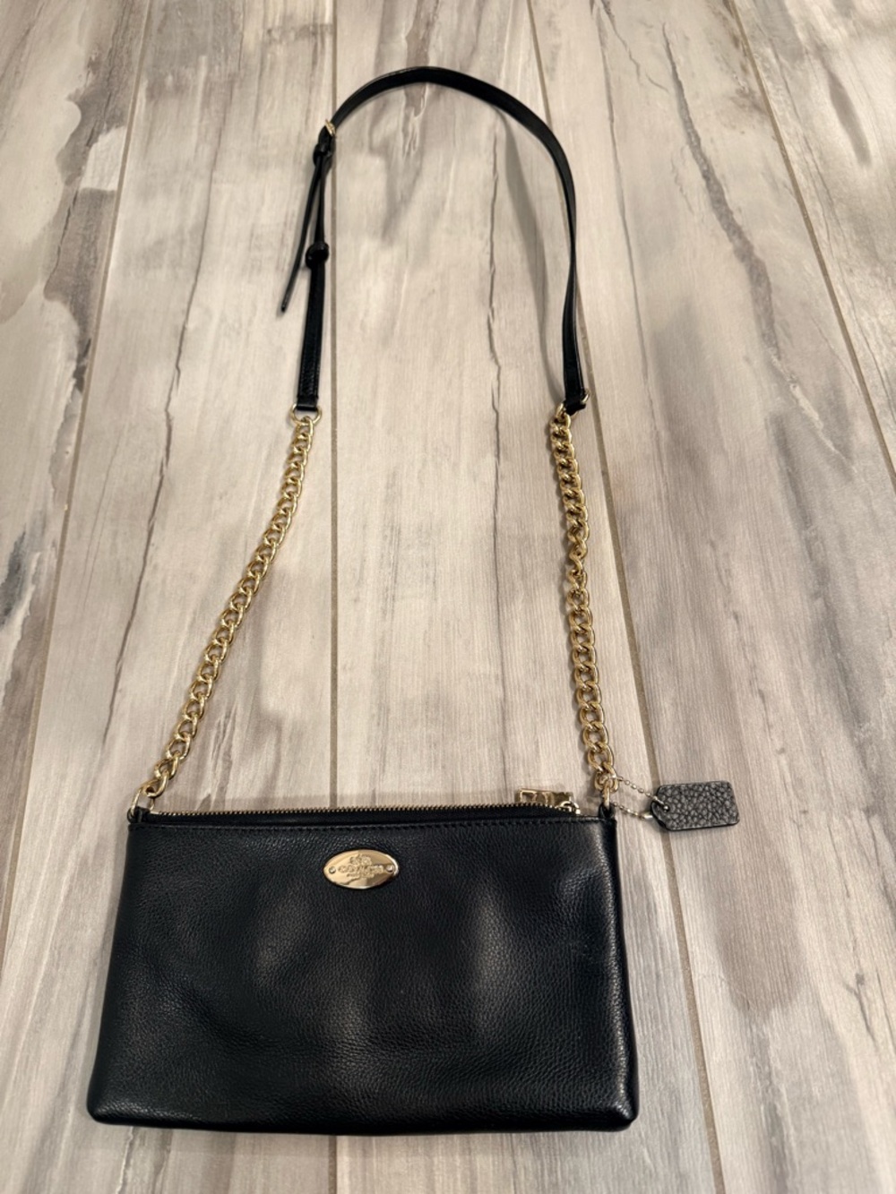 Coach Black Leather Crossbody with Gold Chain Strap
